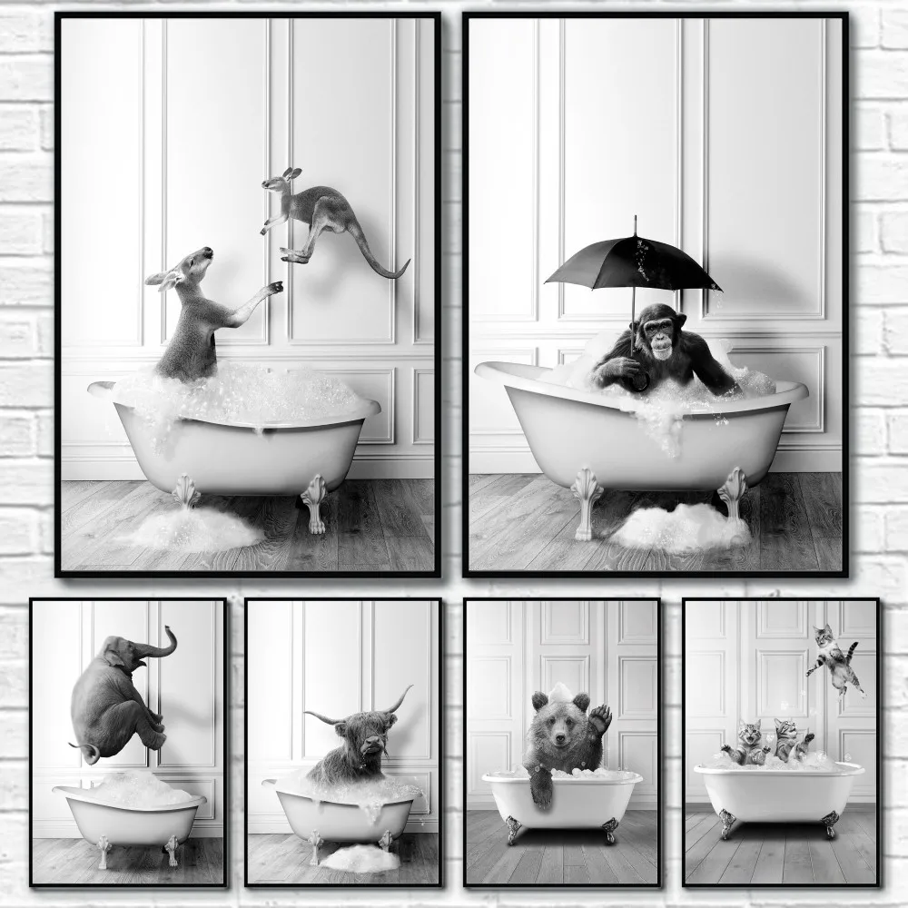 

Animal Black and white abstract bath Poster Sticky Wall Art Printing Waterproof Home Living Bed Room Bar Aesthetic Decor