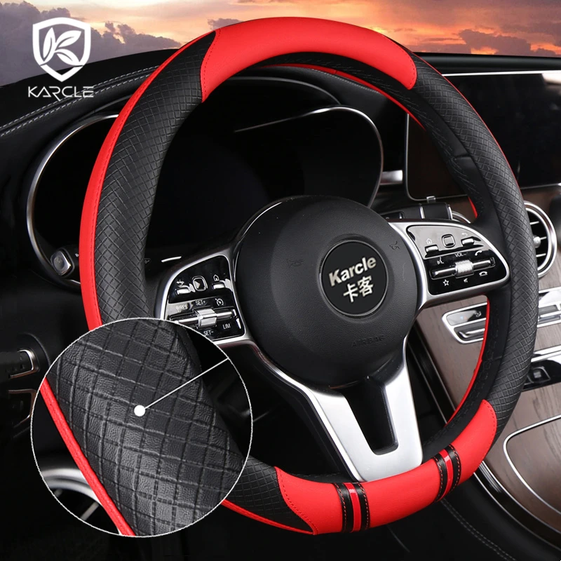 Karcle 38CM Embossed Leather Car Steering Wheel Cover Universal Anti-Slip Car Steering Wheel Protective Fit Most Cars Suvs