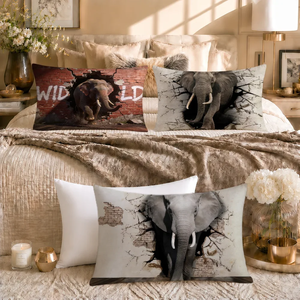 Elephant Break Through The Wall Lifelike Animal Cushion Cover Soft Rectangle Home Sofa Living Room Decor Dorm Pillowcase Gift