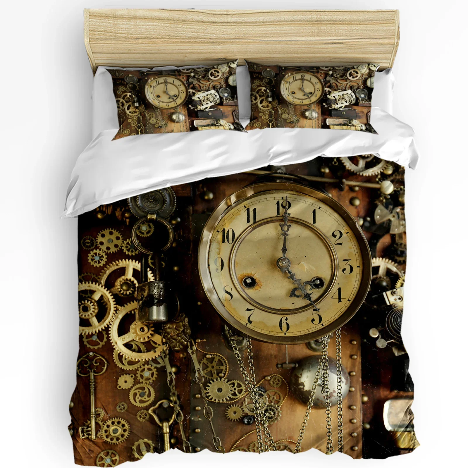 Retro Mechanical Gear Clock Duvet Cover Bed Bedding Set Home Textile Quilt Cover Pillowcases Bedroom Double Bedding Set No Sheet