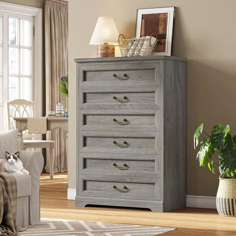 Komoda DAFIFY z 6 szufladami, wysoka szafka drewniana o wysokości 130 cm, rustykalny organizer do przechowywania z dużą szufladą i uchwytem w stylu vintage, szara, do sypialni