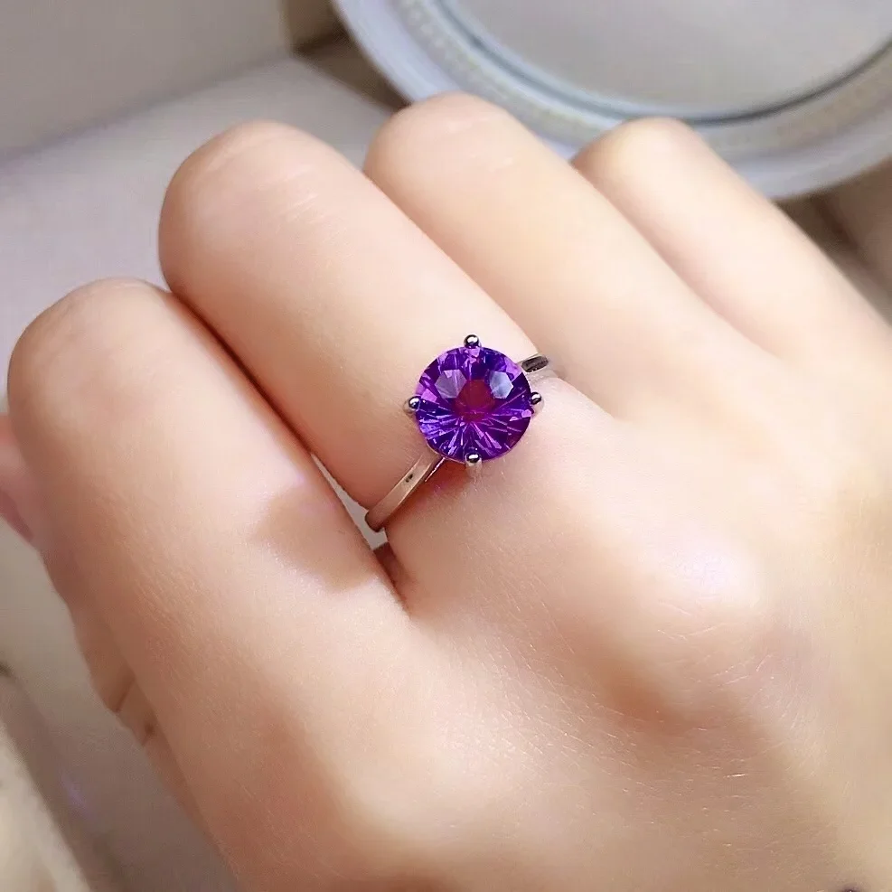

Simple 925 Silver Crystal Ring for Office Woman 2ct 8mm*8mm Natural Amethyst Ring Sterling Silver Amethyst Jewelry