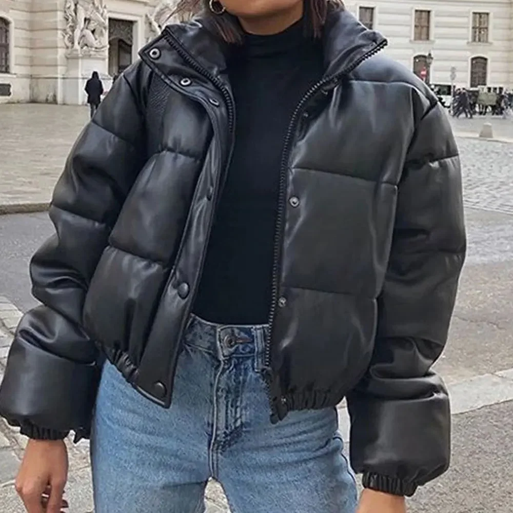 Winter Dicke Warme Abgeschnitten Puffer Jacke Frauen Schwarz Leder Parkas Elegante Zipper Mantel Baumwolle Gepolsterte Punk Outwear