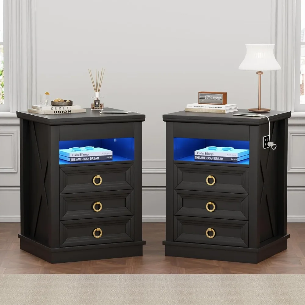 

Farmhouse Nightstand Set 2 with Gun Drawer,Bedside Table with Charging Station and Human Body Senor,3 LED Lights Night Stand