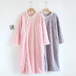 2024 New Autumn/Winter Women's Flannel Sleeping Skirt Long Sleeve Thickened Warm Long Style Loose Sleeper Robe Home Clothing