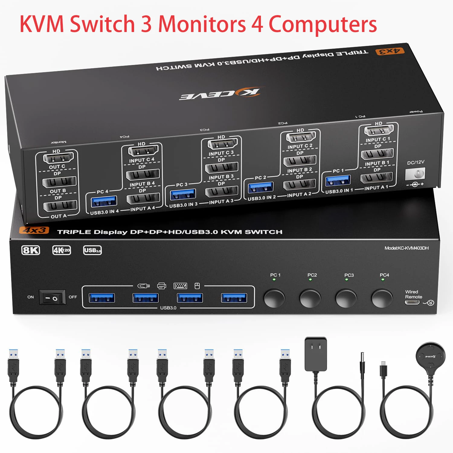 HDMI Displayport 8K@60Hz KVM Switch 3 Monitors 4 Computers 4K@120Hz Triple Monitor KVM Switch with 4 USB Ports for Keyboard