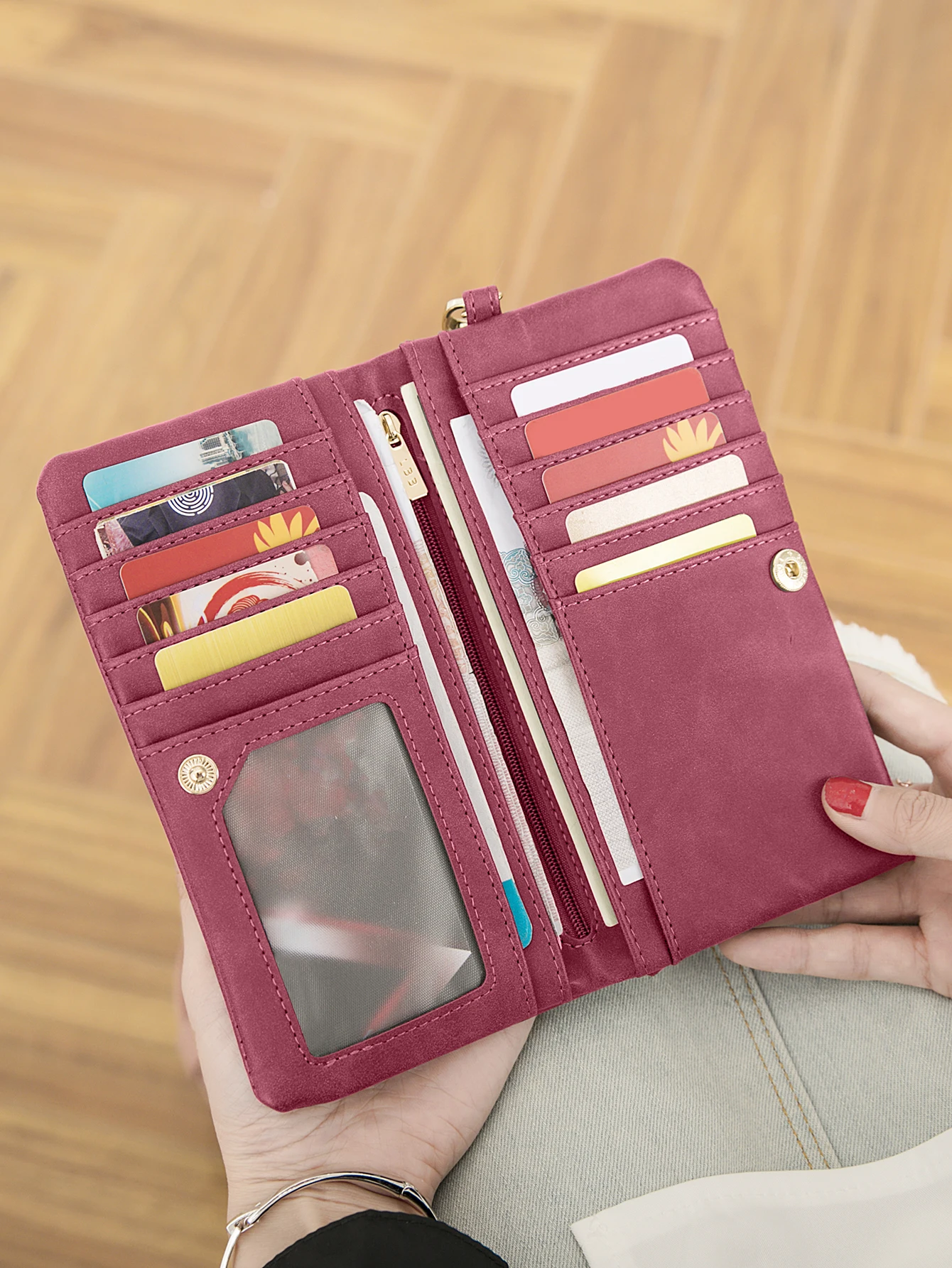 Große Damen-Geldbörse aus mattem Leder mit doppeltem Reißverschluss, Clutch-Handgelenktasche, Handy-, Münz- und Kartenhalter, Multi-Pocket-Geldbörse – Detail 18