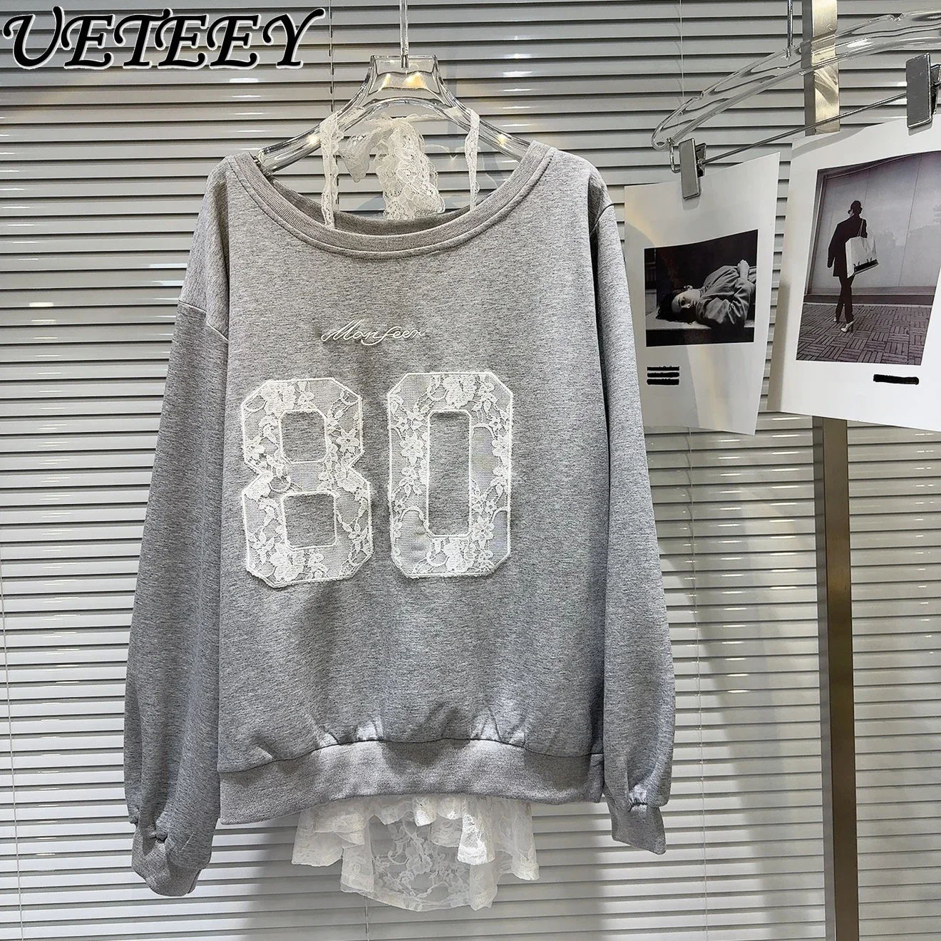 

2025 Spring and Autumn New Grey Sweet Spice Girl Long Sleeve Hook-up Cloth Sweatshirt + Neck Lace Loose Hoodies for Women