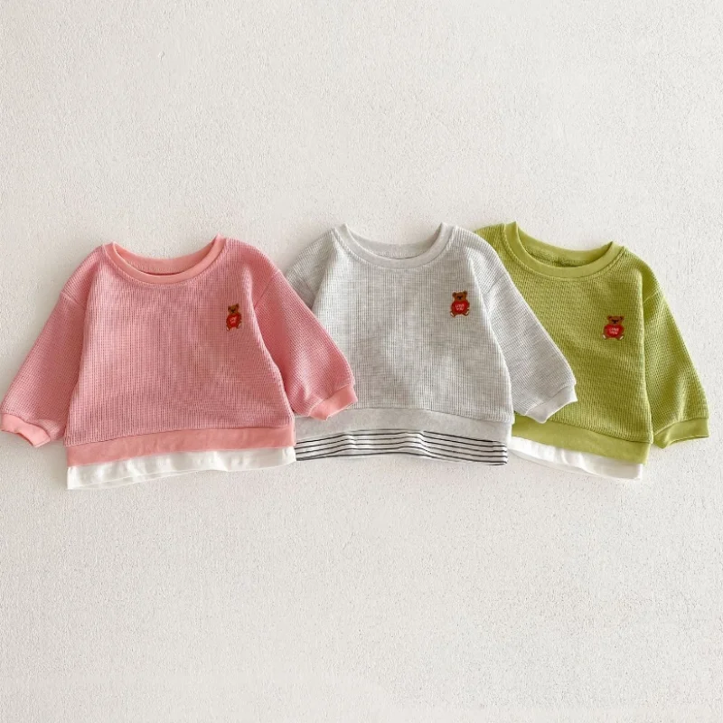 Bebê recém-nascido crianças waffle conjuntos de roupas de manga longa dos desenhos animados das crianças urso sweatshirts + calças terno para meninas meninos roupas de outono