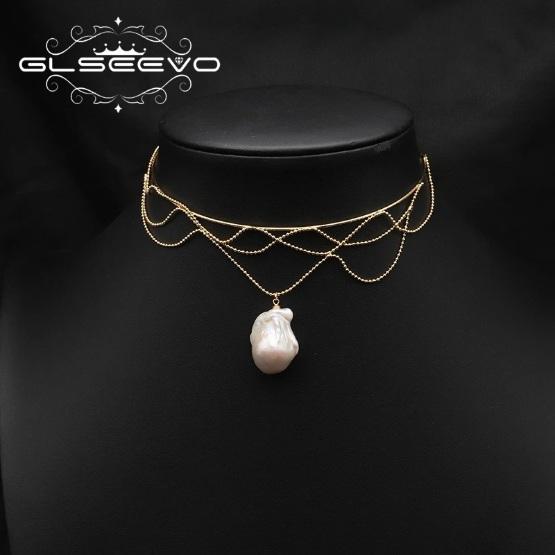 GLSEEVO Natural Baroque Pearls Lace Tassel Chain Collar Women's Necklace Luxury Vintage Jewelry Anniversary Gift