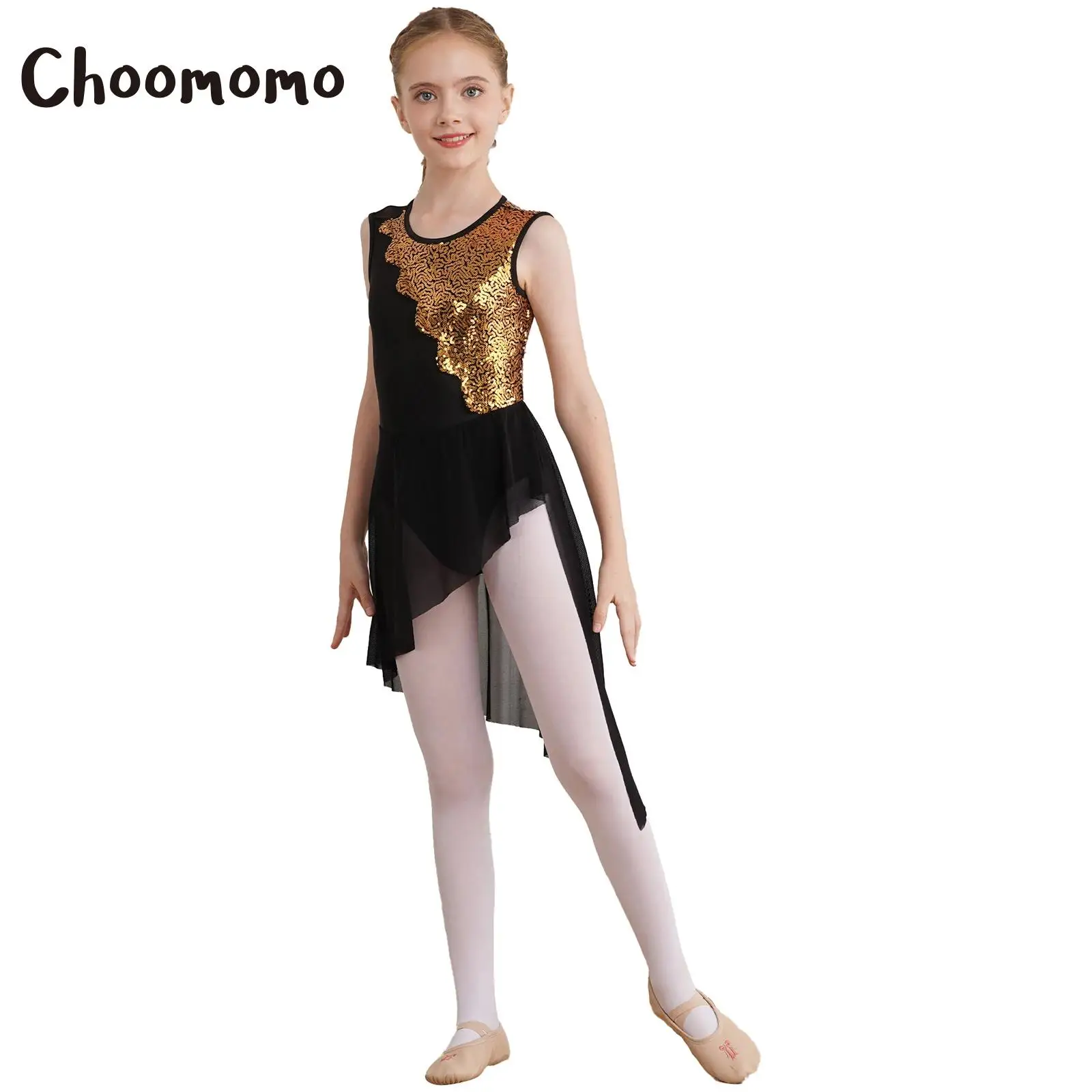 Kids Girls Shiny Sequins Lyrical Ballet Dance Dress Irregular High-Low Skirt Ballroom Dancing Stage Performance Costume