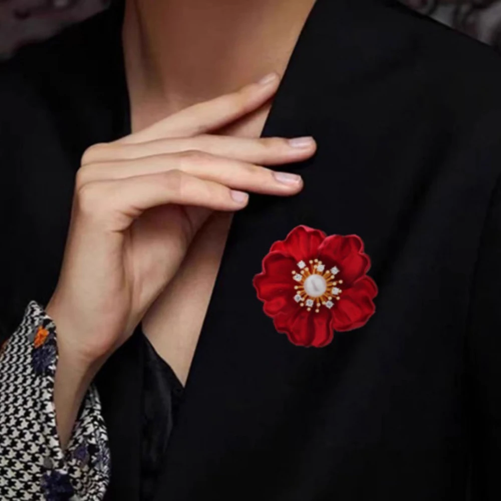 Charm Temperament Stereo Simulation Pearl Zircon Rose Red Peony Flowers Brooch for Women Collar Clothes Accessory Jewelry Gifts