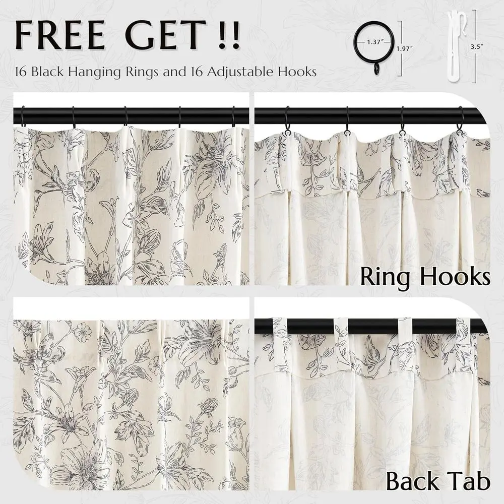 Zasłony lniane w stylu vintage z kwiatowym wzorem z lat 90., z zakładkami typu pinch pleat, do salonu i sypialni, czarny wzór kwiatowy.