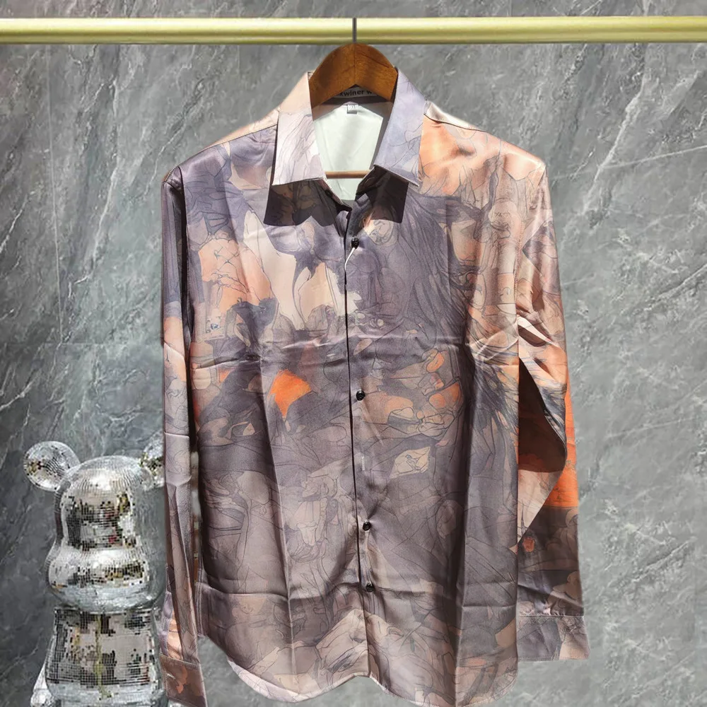 

Рубашка с винтажным принтом в европейском стиле, повседневная рубашка-платье Camisa Masculina, социальная итальянская мужская рубашка в британском стиле с длинным рукавом и цветочным принтом