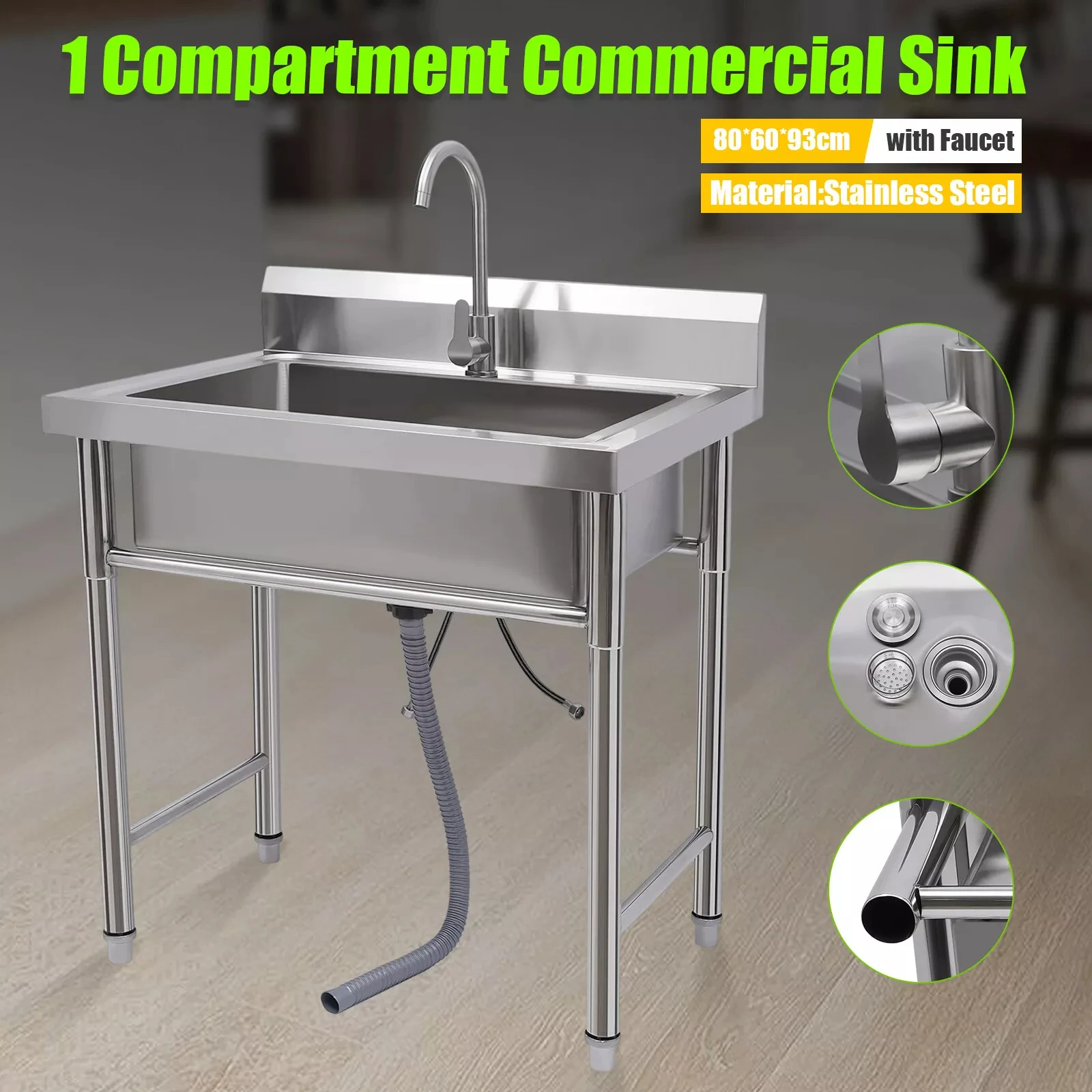 

Commercial Stainless Steel Kitchen Sink – 1 Compartment Utility Sink with Faucet for Efficient Washing