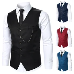 Traje de hombre chaleco abrigo Color sólido decoración de cadena de Metal diseño clásico ocio negocios moda Slim Fit traje de hombre