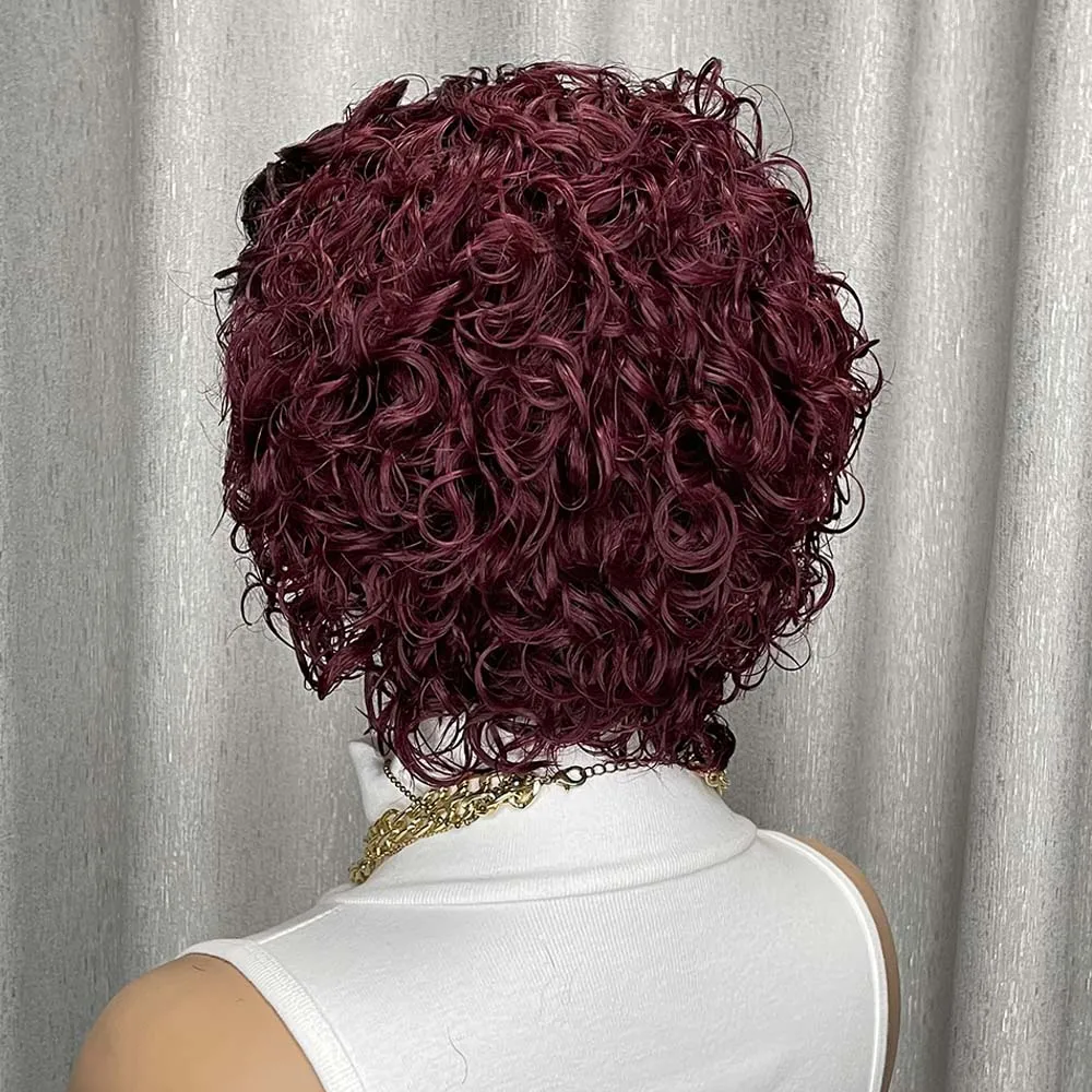 버건디 픽시컷 가발 픽시컷 13x1 레이스 프론트 가발 곱슬 짧은 인모 가발 흑인 여성용 레미 인모