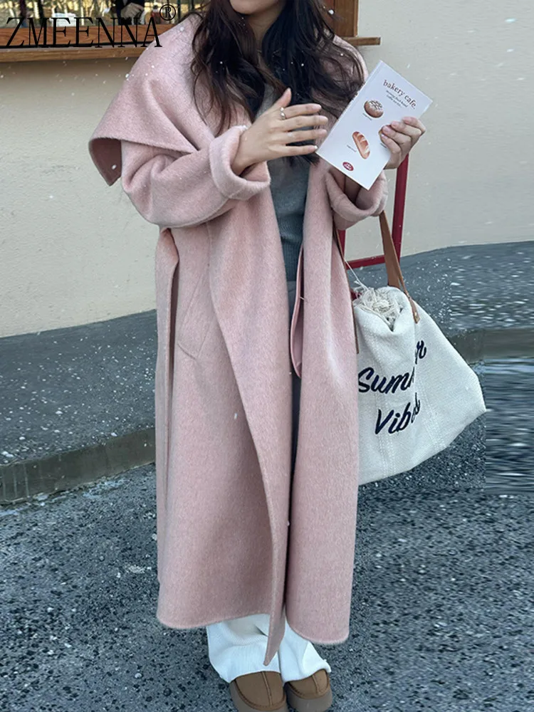 

ZMEENNA Womens Elegant Pink Wool Blend Long Coat With Shawl Collar And Tie Belt Longline Winter Outerwear Oversized ZM3653