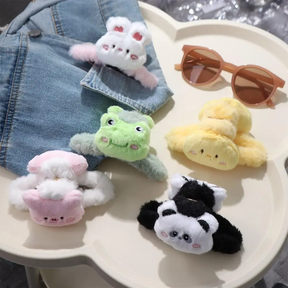 Cute Doll Plush Panda Hair Claw Rabbit Acrylic Animal Shark Clip Headwear Ponytail Holder Winter Cross Hair Clip Wash Face