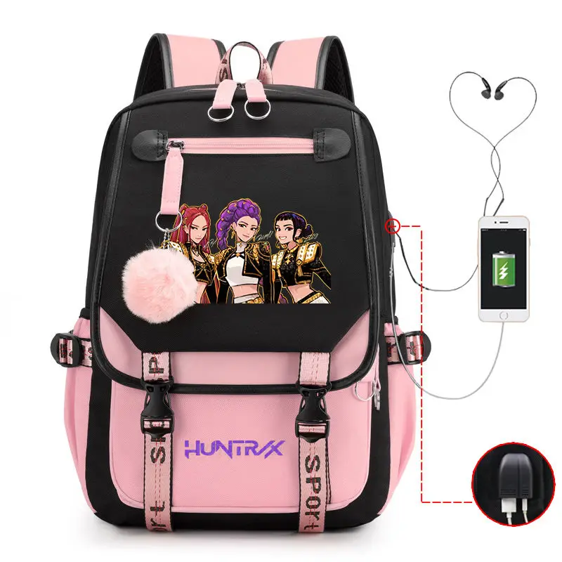Mochila KPop Demon Hunters Rumi Mira Zoey HUNTR/X, mochila escolar con estampado de moda de dibujos animados para estudiantes equipada con mochila con interfaz USB