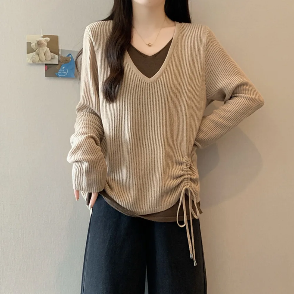 

Элегантные винтажные футболки с длинными рукавами из двух частей, тонкий топ на шнуровке, уличные осенне-зимние футболки больших размеров