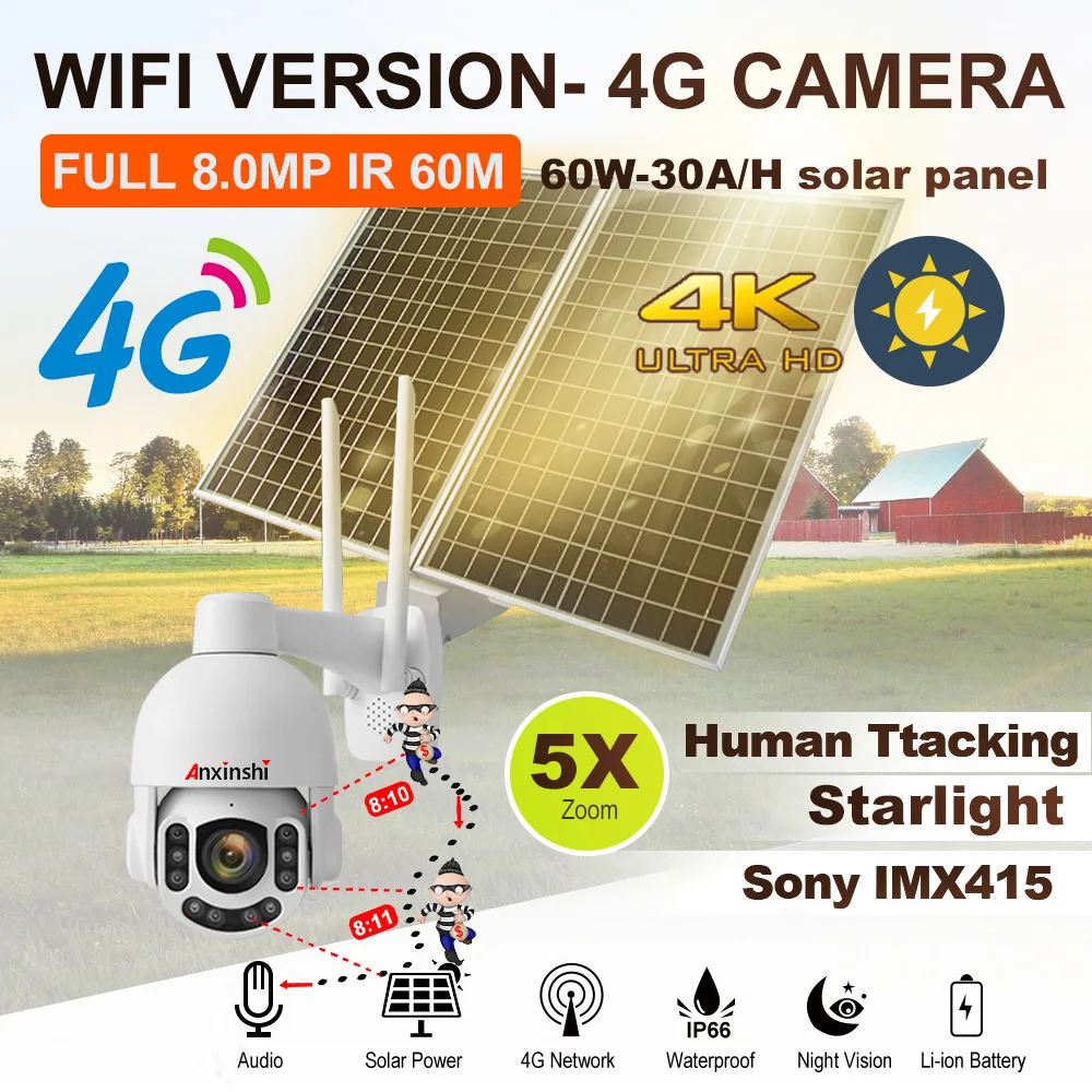 MTStar 5MP 4G 60W30A/M Solar Camera PTZ 10x Zoom Outdoor H.265 Night Vision Two-way Audio Human Tracking 5X Optical + 5X Digital