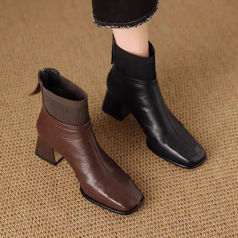 2025Women Boots Mid Length  Autumn New Square Toe High-heel Patchwork Elastic Boot PU Leather Anti Slip Fashion Short Boot