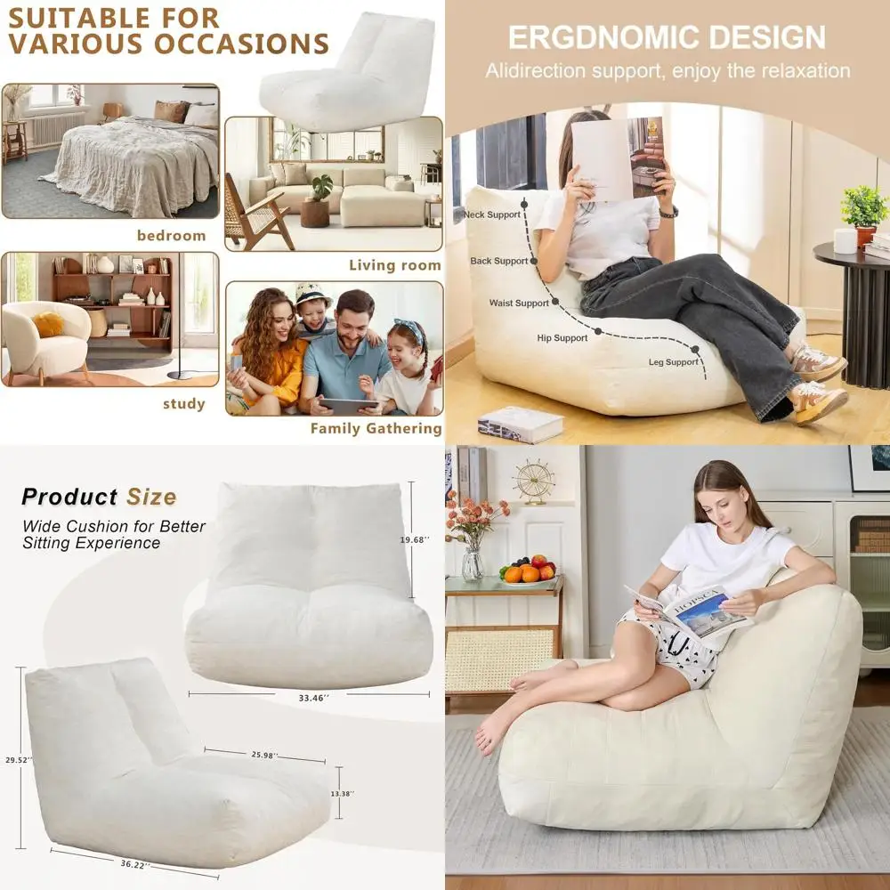 

Memory Foam Ergonomic Bean Bag Chair for Adults - Comfy Cozy Reading Sofa Couch for Bedroom Living Room Beige
