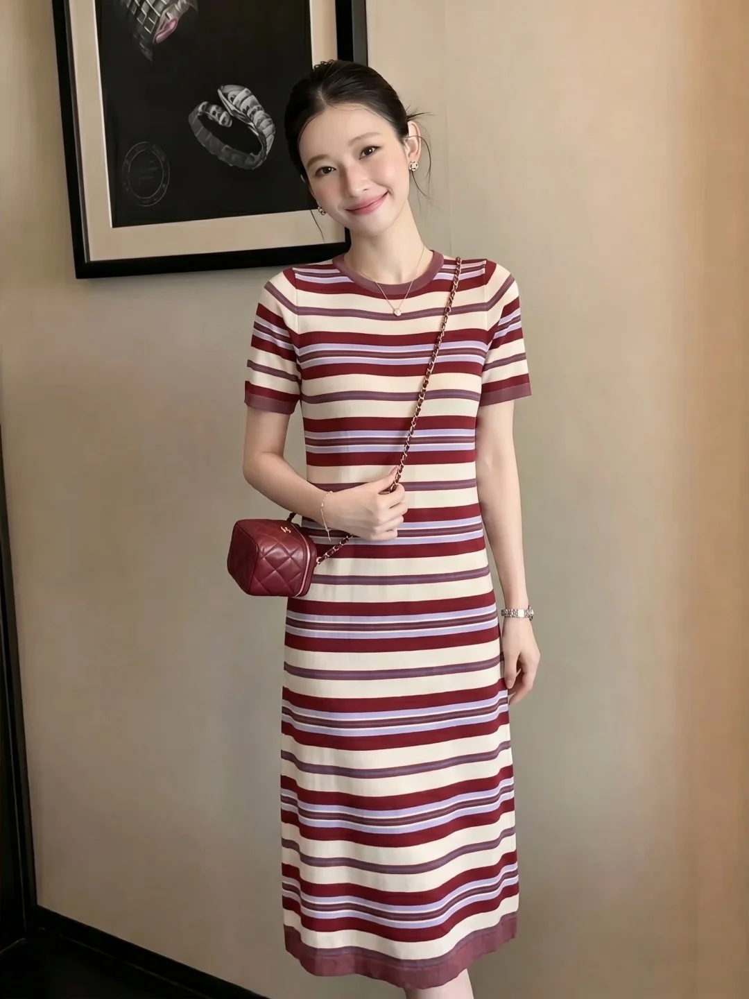 

Summer Casual Knitted Stripe Dress Slim Fit Short Sleeve round Neck Midi Dress Elegant Fashionable Women's plus Size Dress