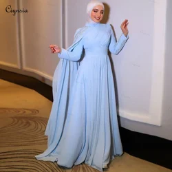 Ciynsia elegantes muslimisches hijab abendkleid himmelblau a-line chiffon mit perlen dubai arabisch hochzeits feier kleid فساتين الس카رة