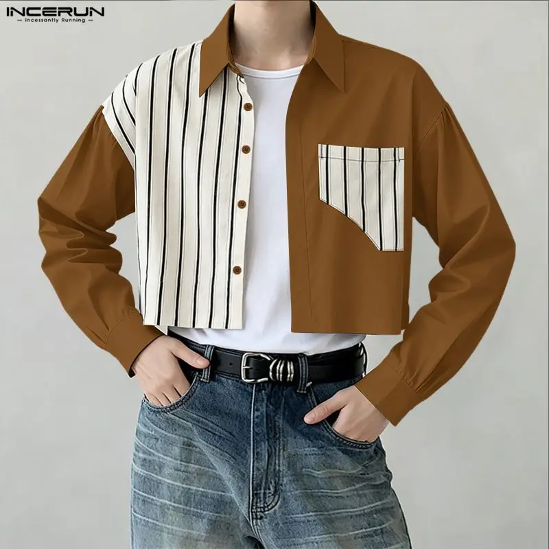 INCERUN الرجال قميص مخطط المرقعة التلبيب كم طويل ملابس الرجال غير رسمية الشارع الشهير جيوب فضفاضة قمصان الموضة الذكور المحاصيل القمم