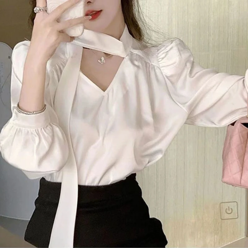 White Blouses Women Leisure Elegant Office Lady Chic Soft New Spring Designed Streetwear Puff Sleeve Temperament French Vintage