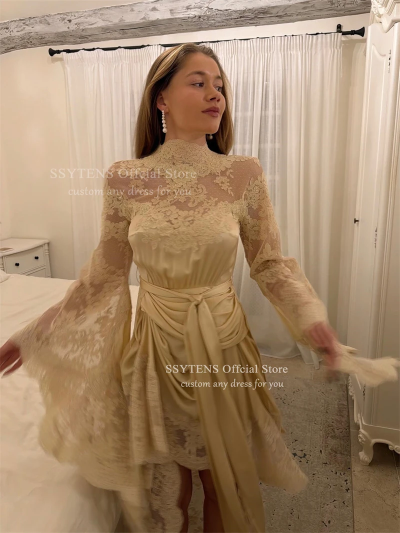 ชุดราตรีสีเหลืองแบบสั่งตัด SSYTENS ชุดเดรสลูกไม้สำหรับงานพรอม แขนยาว สง่างาม vestidos de noiva ชุดราตรีงานเลี้ยงแบบสั่งตัด