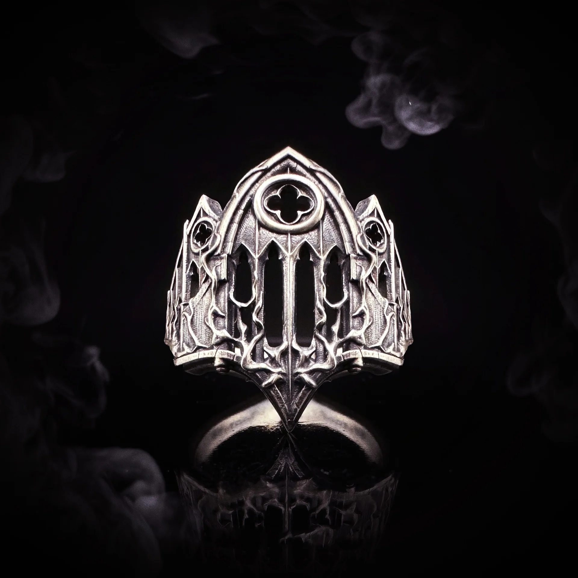 Original design Thai silver retro fire cathedral gothic relief flower window dark ring trendy man open ring
