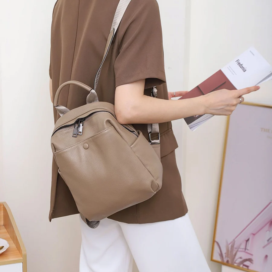 Fashion Soft Real Cowhide Backpack Women/Men Multi Zip Pockets Solid Color Daily Casual College Spacious Knapsack Travel Mochila