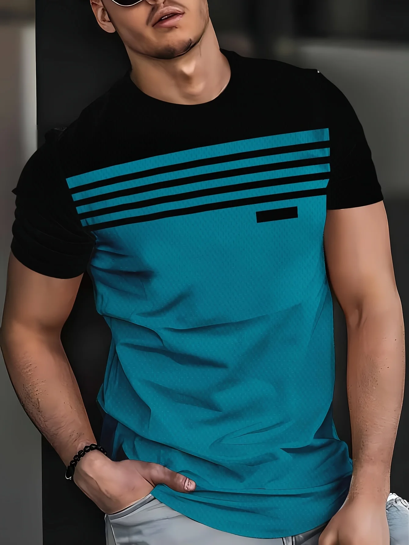 Men Color Block Striped T‑Shirt, Black Gray Spliced Horizontal Stripe Print Short Sleeve Crew Neck Casual Daily Tee Tops