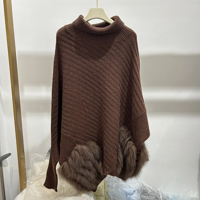 Women Autumn Grey Real Fox Fur Knitted Coat Real Fur Spring Bat Sleeve Sweater Wear