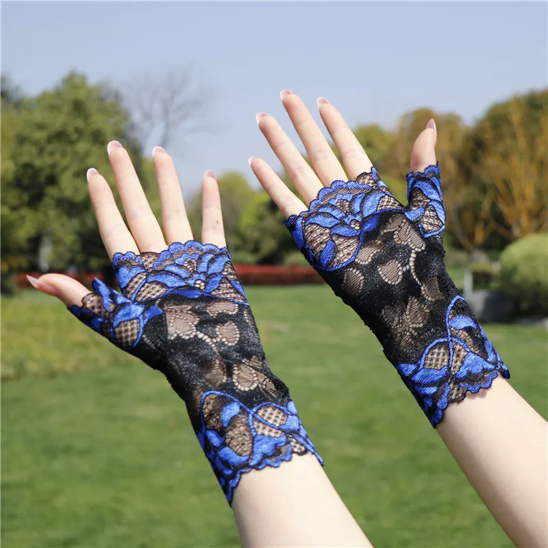 Guantes de encaje de medio dedo con protección solar a la moda para mujer, finos y elegantes, para baile de marinero, actuación cuadrada, medio expuesto