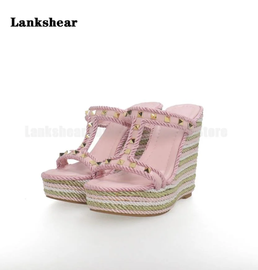 Gold Studs Pink Wedge High Heel Slippers Ladies Hemp Rope Sole Luxury Sandals Outdoor Shoes Fashion Hollow Design New In