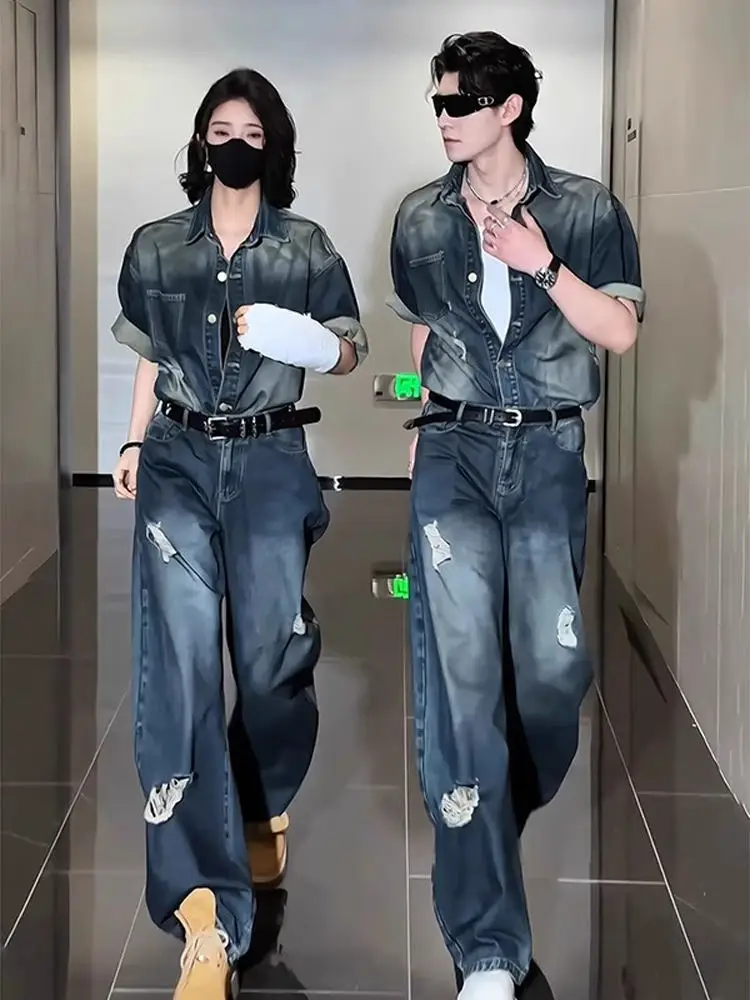 

Американский ретро Waed Hole ort Sve Denim irt Set для мужчин, летний элитный крутой комплект Haome, модная молодежная одежда