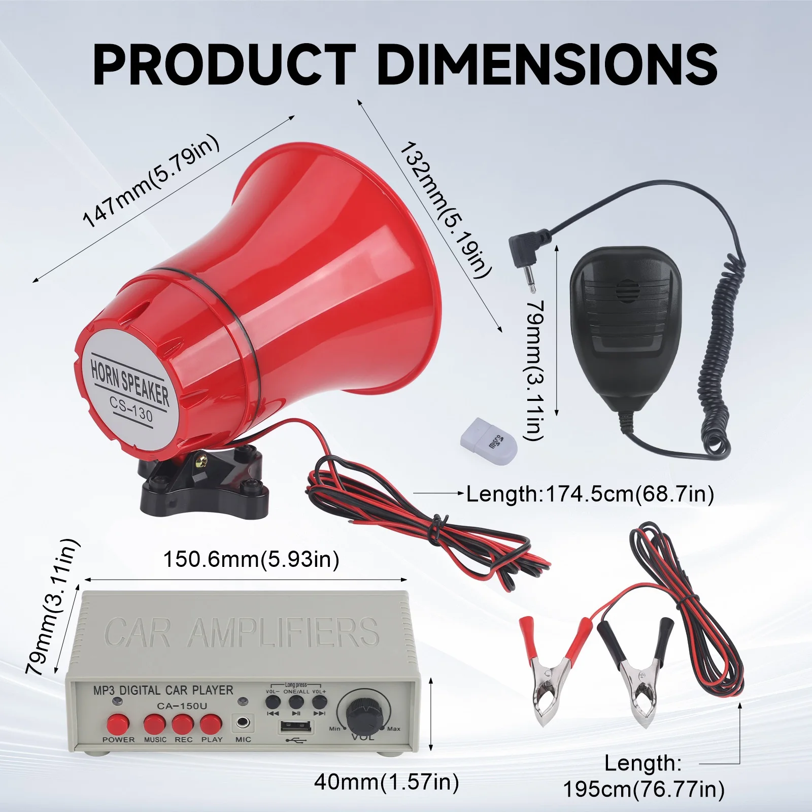 Customizable Sound Car Alarm Siren 12V-24V DC 130dB Claxon Horns With Amplifier MIC System MP3 Player and TF Card Reader