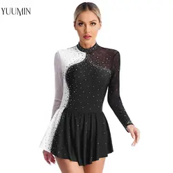 Womens Long Sleeve Figure Skating Dress Shiny Rhinestone Ballet Skirted Leotard Dresses Gymnastics Dance Leotard Dress