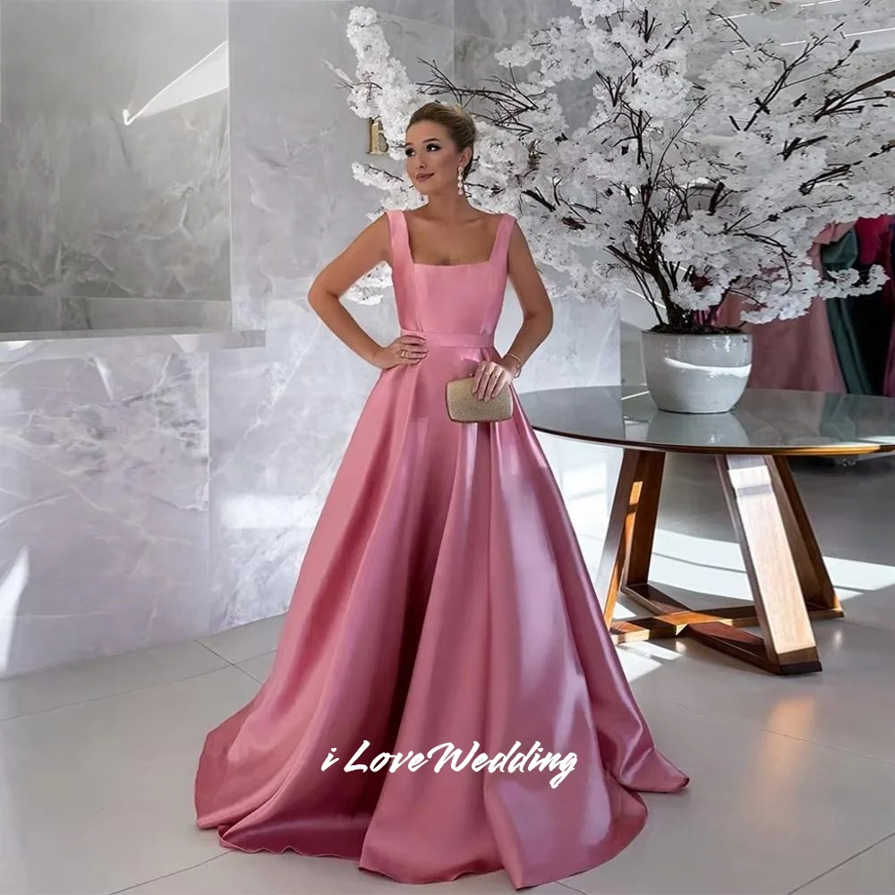 

Pink Square Neck Prom Dresses 2025 Sleeveless A-Line Bow Evening Dress Floor-Length Sweep Train Pleated Party Dresses Customized