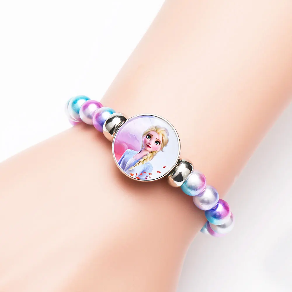 Disney Anime Princess Beaded Bracelet Frozen Elsa Girls Bracelets Anime Figure Mermaids Gem Rainbow Color Jewelry Birthday Gifts