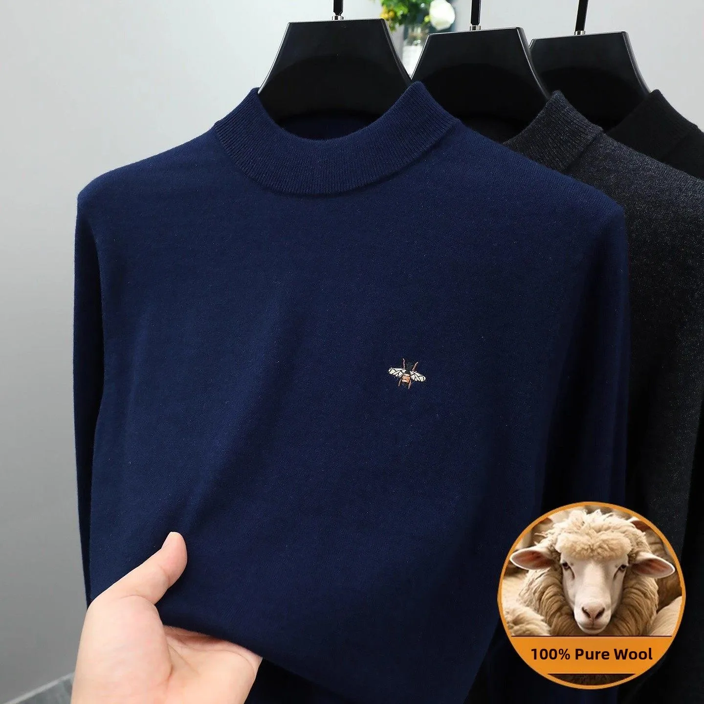 

00% Wool Men's Sweater f High Collar Knitted irt Casual Sle Soft Fabric Embroidered Inner Wear Comfortable And Warm