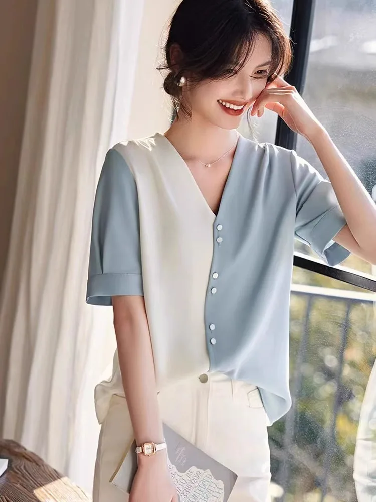 

Chic Color Blo Single Button Design Faionable ort Sve V-Ne Loose V-Ne awl Collar Asymmetrical Hem Top