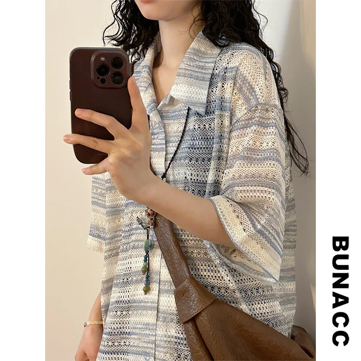 

BUNACC Summer American Retro College Sle Hollow out Striped Embroidery Loose ort Sve irt Women's Trendy Top