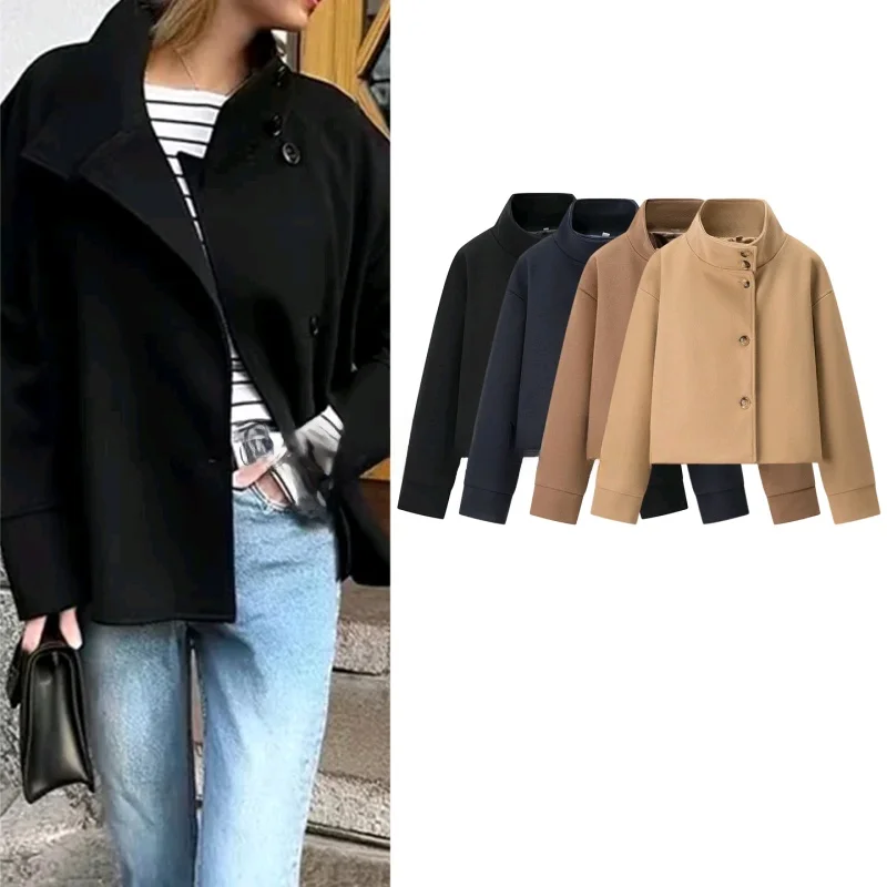 

Fall New Women's Korean Sle Loose Fit Stand Collar Long Sve Single Button ort Length Woolen Coat Commute Straight Tube