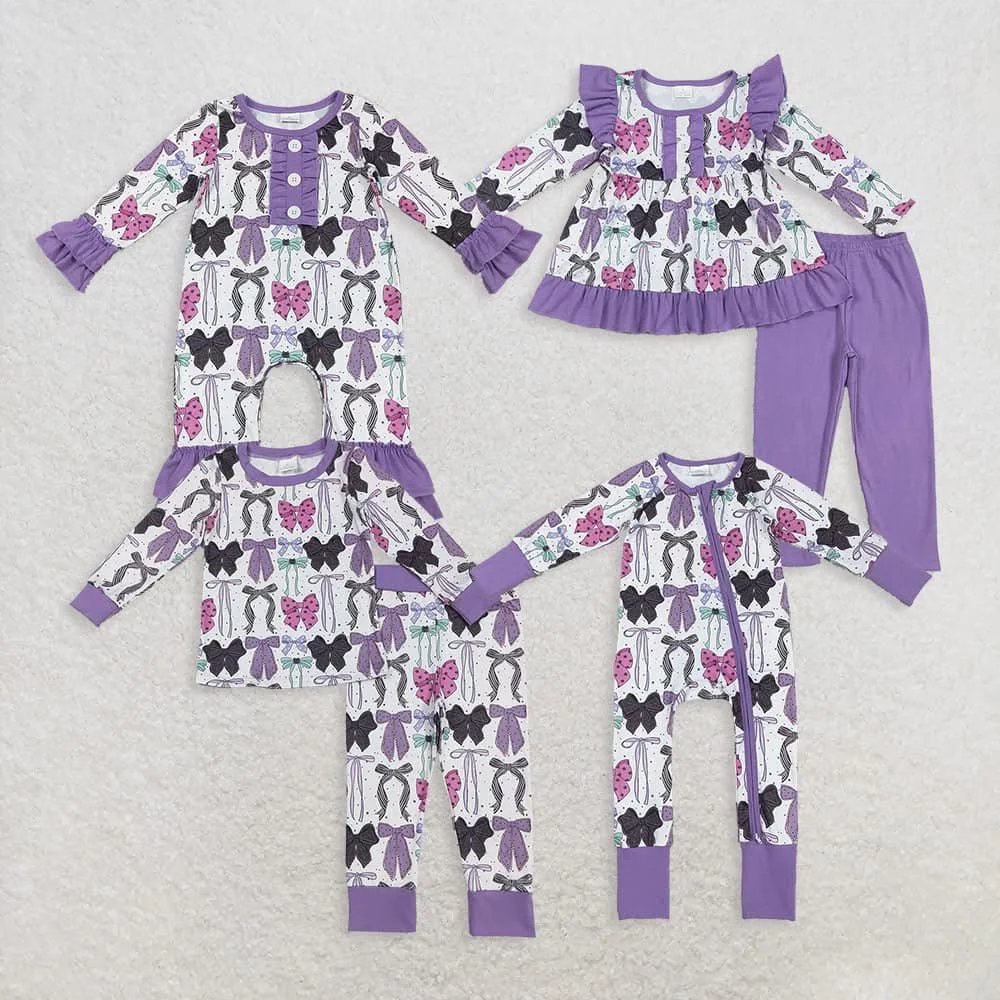 

Halloween Baby Girl Long Sleeve Romper Purple Black Bows Print Western Jumpsuit High Quality Wholesale