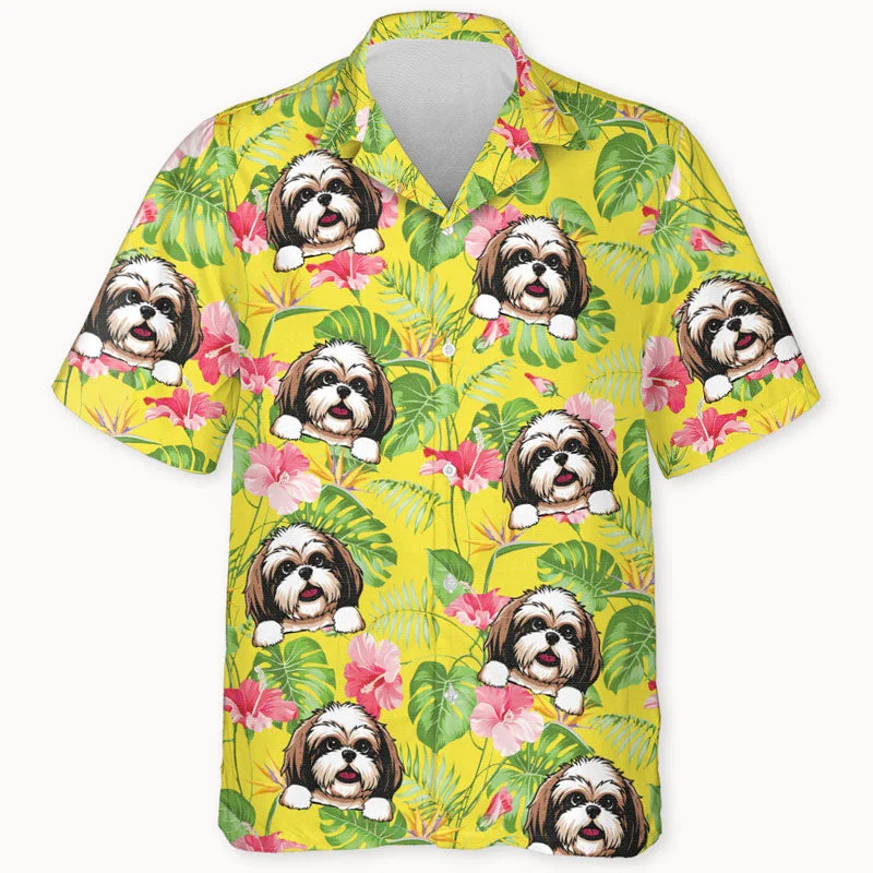 Frutas tropicais masculinas camisa havaiana com lapela de botão, manga curta, camisa de cachorro estampada 3D, blusa de férias, verão